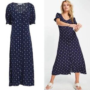 & Other Stories Print Button Front Midi Dress 6 Navy Blue Paisley Bandana $108
